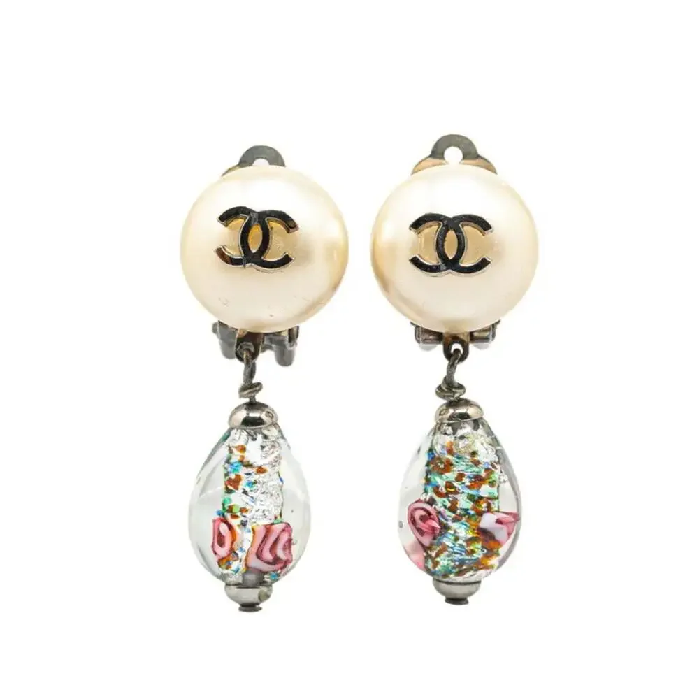 CHANEL Silver Pearl Logo Earrings